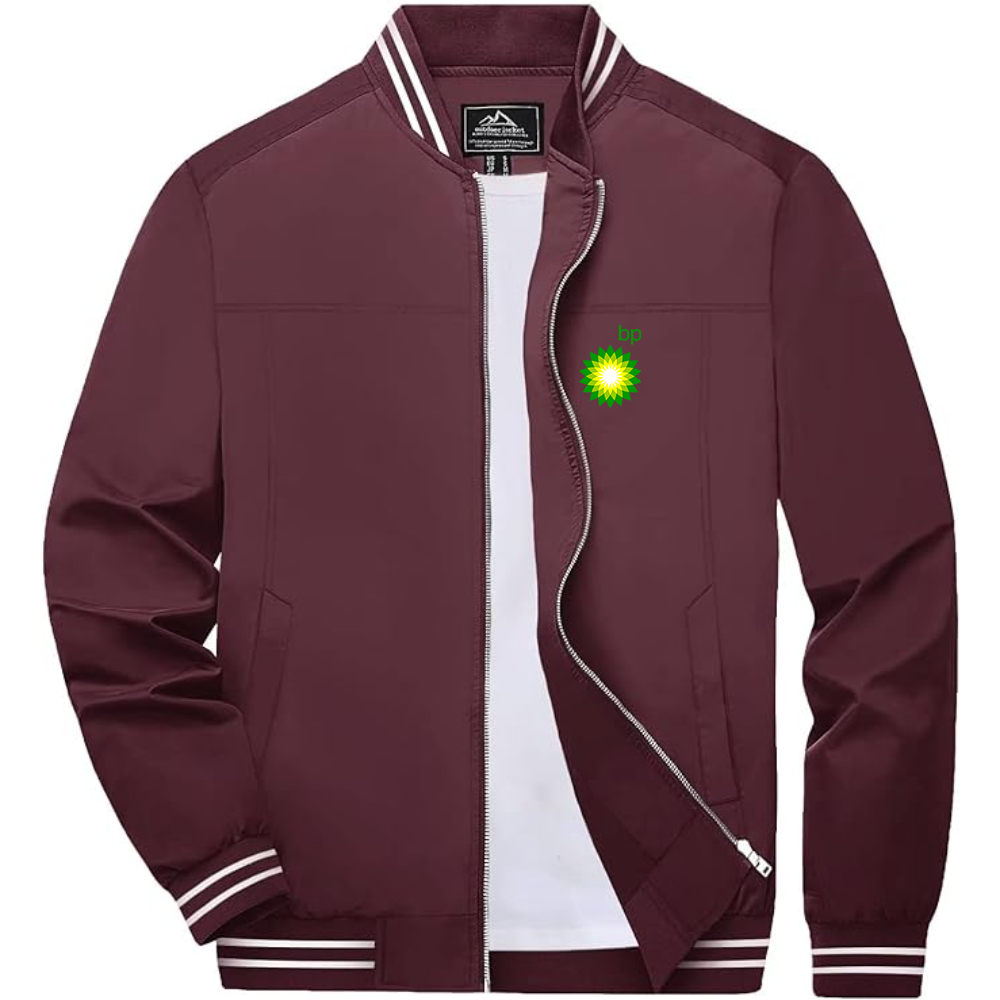 Men's BP Oil Logo Lightweight Zip-Up Ribbed Collar and Cuffs Bomber Jacket