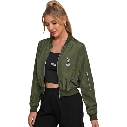 Women's Tottenham Hotspur F.C. Soccer - Lightweight Bomber Biker Jacket Zip up Windbreaker Crop Bomber Jacket Coat