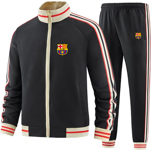 Men's  F.C. Barcelona Soccer - Premium Two-Piece Designer Tracksuit with Bold Striped Accents and Zippered Front - Elevated Athletic Wear