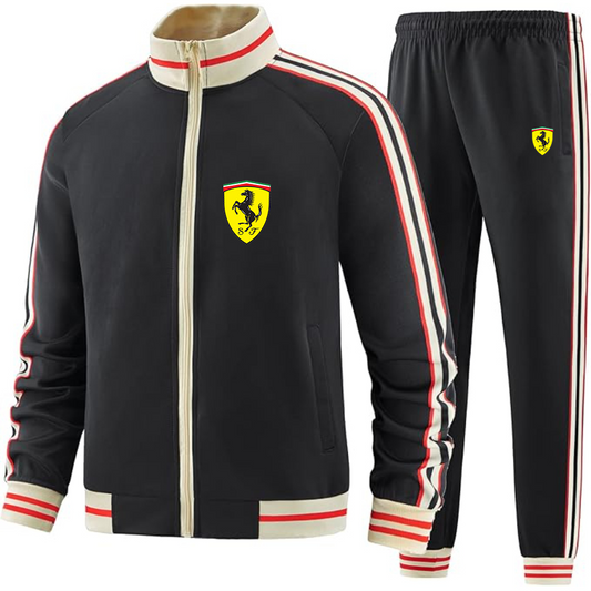 Men's  Ferrari Motorsport Car - Premium Two-Piece Designer Tracksuit with Bold Striped Accents and Zippered Front - Elevated Athletic Wear