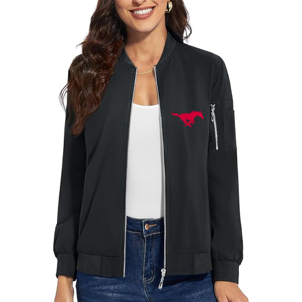 Women's SMU Mustangs Logo Premium Bomber Jacket with Polished Detailing and Functional Sleeve Pocket Modern Luxury Outerwear