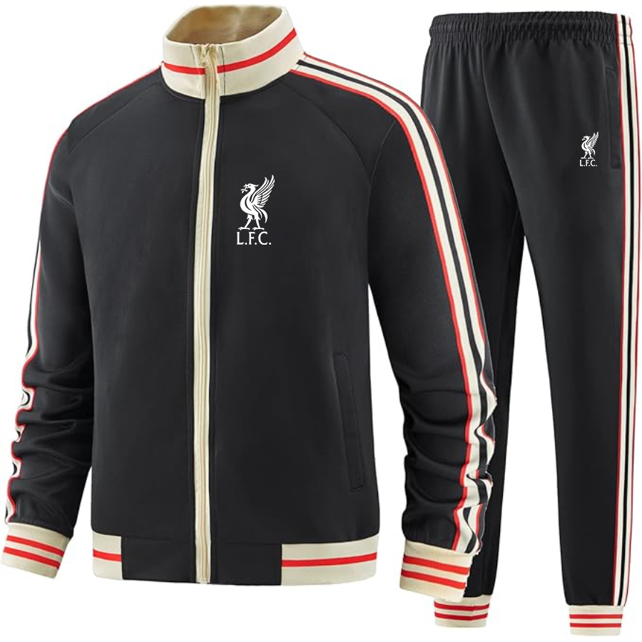 Men's  Liverpool L.F.C Soccer  - Premium Two-Piece Designer Tracksuit with Bold Striped Accents and Zippered Front - Elevated Athletic Wear