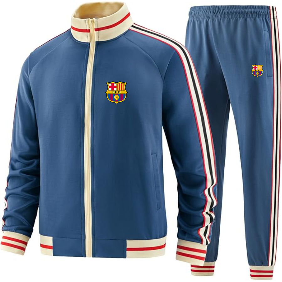Men's  F.C. Barcelona Soccer - Premium Two-Piece Designer Tracksuit with Bold Striped Accents and Zippered Front - Elevated Athletic Wear