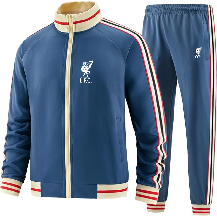 Men's  Liverpool L.F.C Soccer  - Premium Two-Piece Designer Tracksuit with Bold Striped Accents and Zippered Front - Elevated Athletic Wear