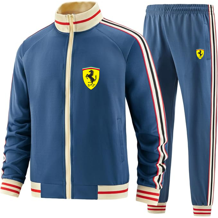 Men's  Ferrari Motorsport Car - Premium Two-Piece Designer Tracksuit with Bold Striped Accents and Zippered Front - Elevated Athletic Wear
