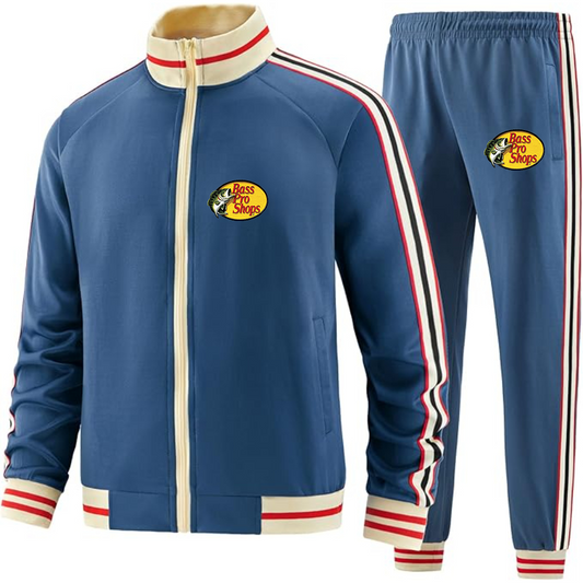 Men's Bass Pro Shops Logo Tracksuit with Bold Striped Accents and Zippered Front Athletic Wear