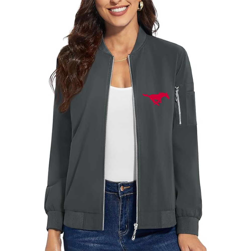 Women's SMU Mustangs Logo Premium Bomber Jacket with Polished Detailing and Functional Sleeve Pocket Modern Luxury Outerwear