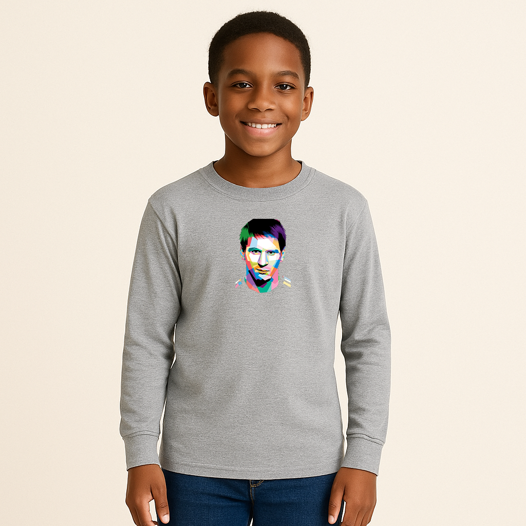 Youth Kids Lionel Messi Face Art Sports Long Sleeve T-Shirt