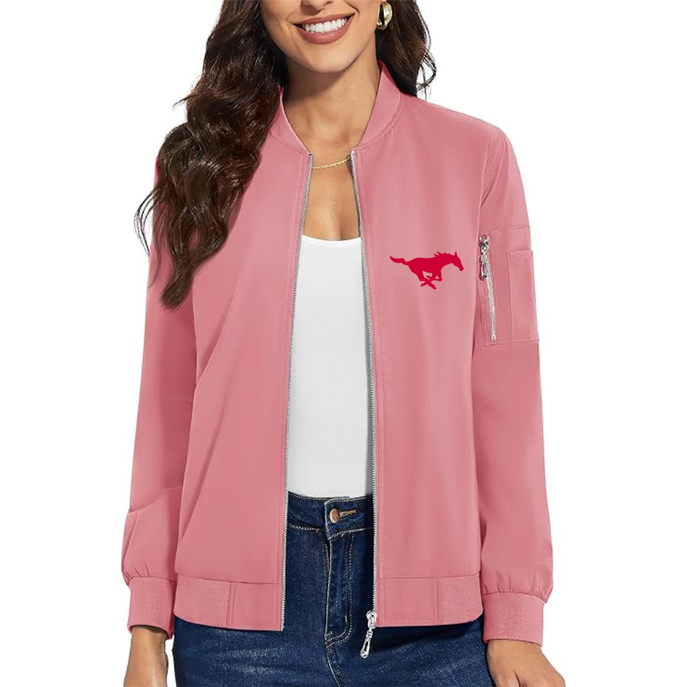 Women's SMU Mustangs Logo Premium Bomber Jacket with Polished Detailing and Functional Sleeve Pocket Modern Luxury Outerwear