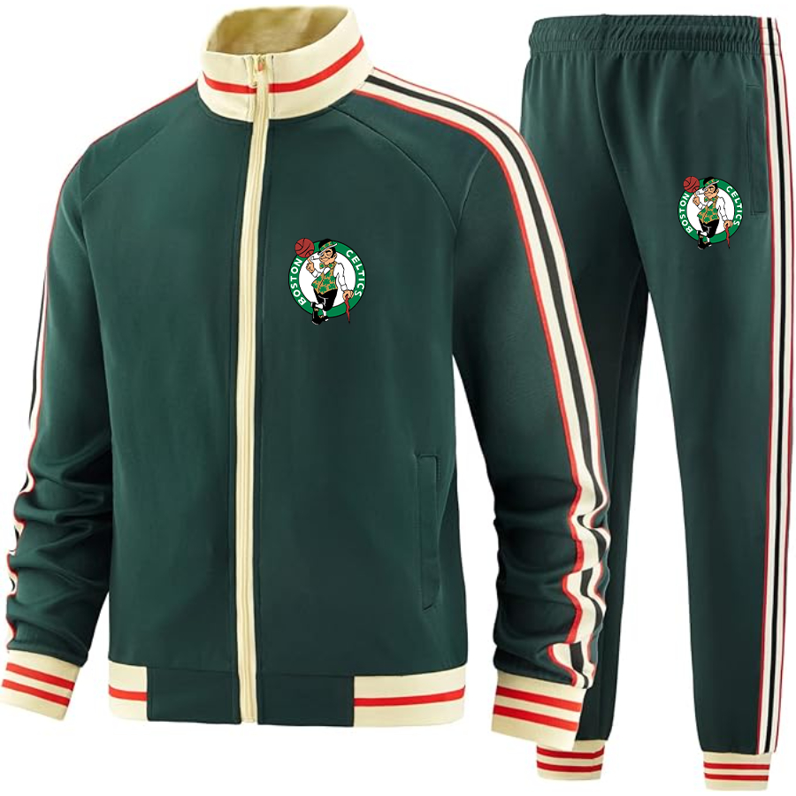 Men's Boston Celtics Logo Tracksuit with Bold Striped Accents and Zippered Front Athletic Wear