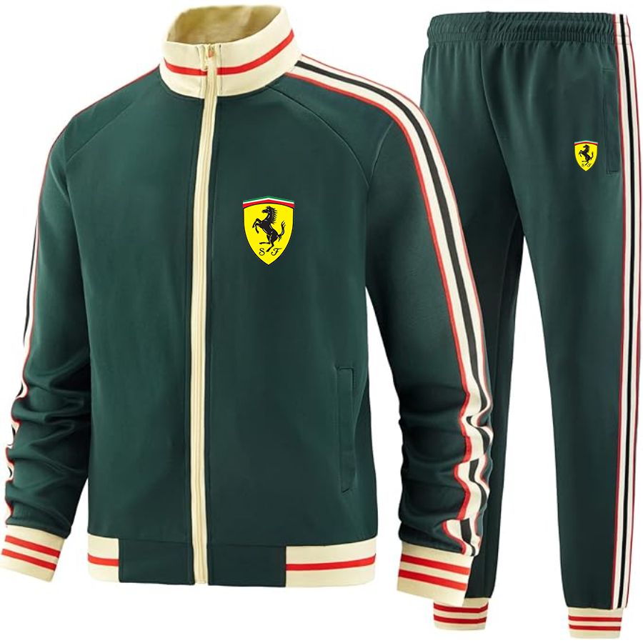 Men's  Ferrari Motorsport Car - Premium Two-Piece Designer Tracksuit with Bold Striped Accents and Zippered Front - Elevated Athletic Wear