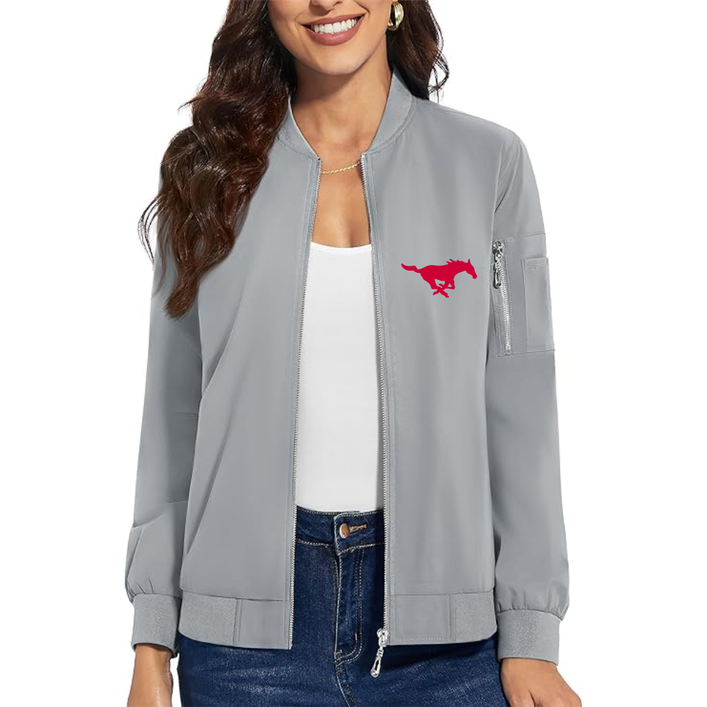 Women's SMU Mustangs Logo Premium Bomber Jacket with Polished Detailing and Functional Sleeve Pocket Modern Luxury Outerwear