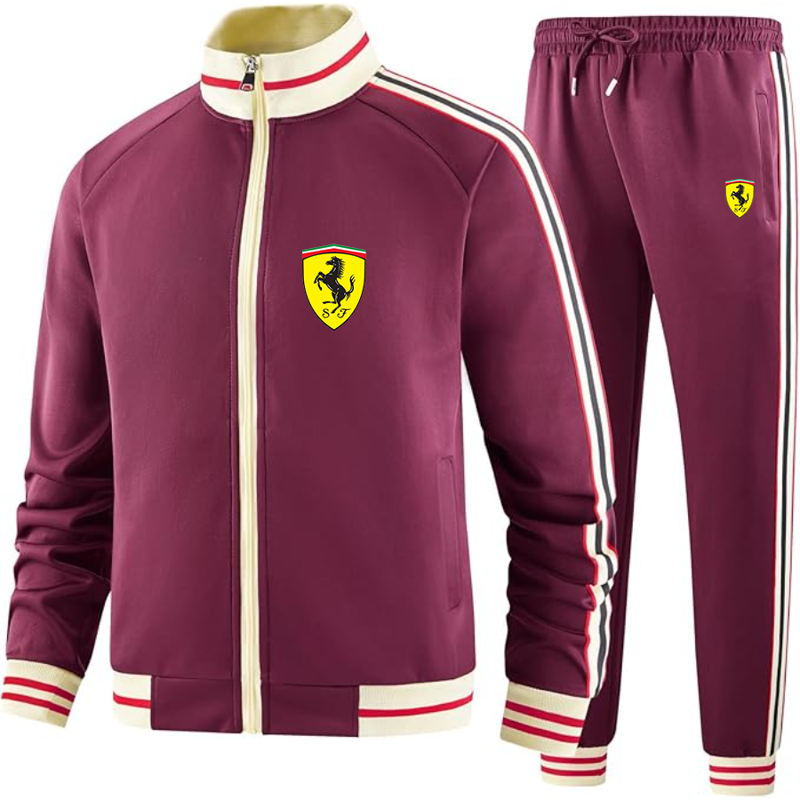 Men's  Ferrari Motorsport Car - Premium Two-Piece Designer Tracksuit with Bold Striped Accents and Zippered Front - Elevated Athletic Wear