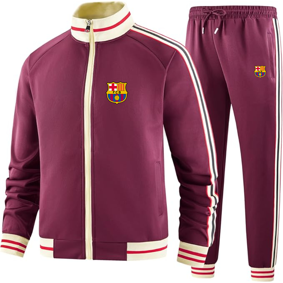 Men's  F.C. Barcelona Soccer - Premium Two-Piece Designer Tracksuit with Bold Striped Accents and Zippered Front - Elevated Athletic Wear