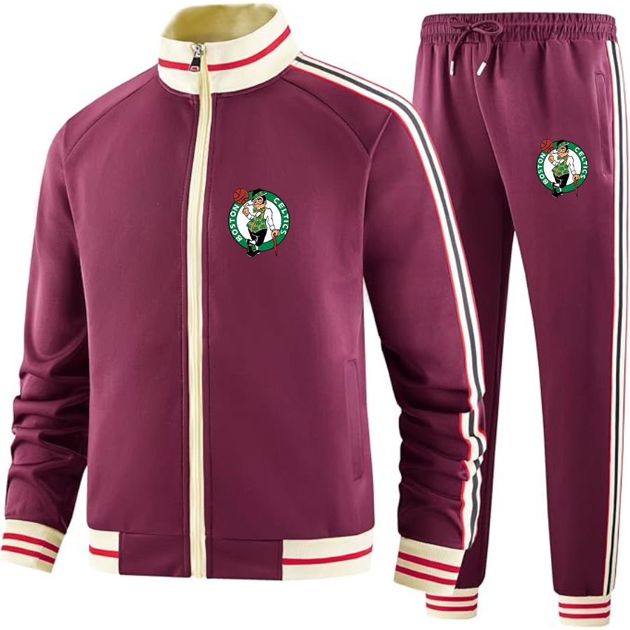 Men's Boston Celtics Logo Tracksuit with Bold Striped Accents and Zippered Front Athletic Wear
