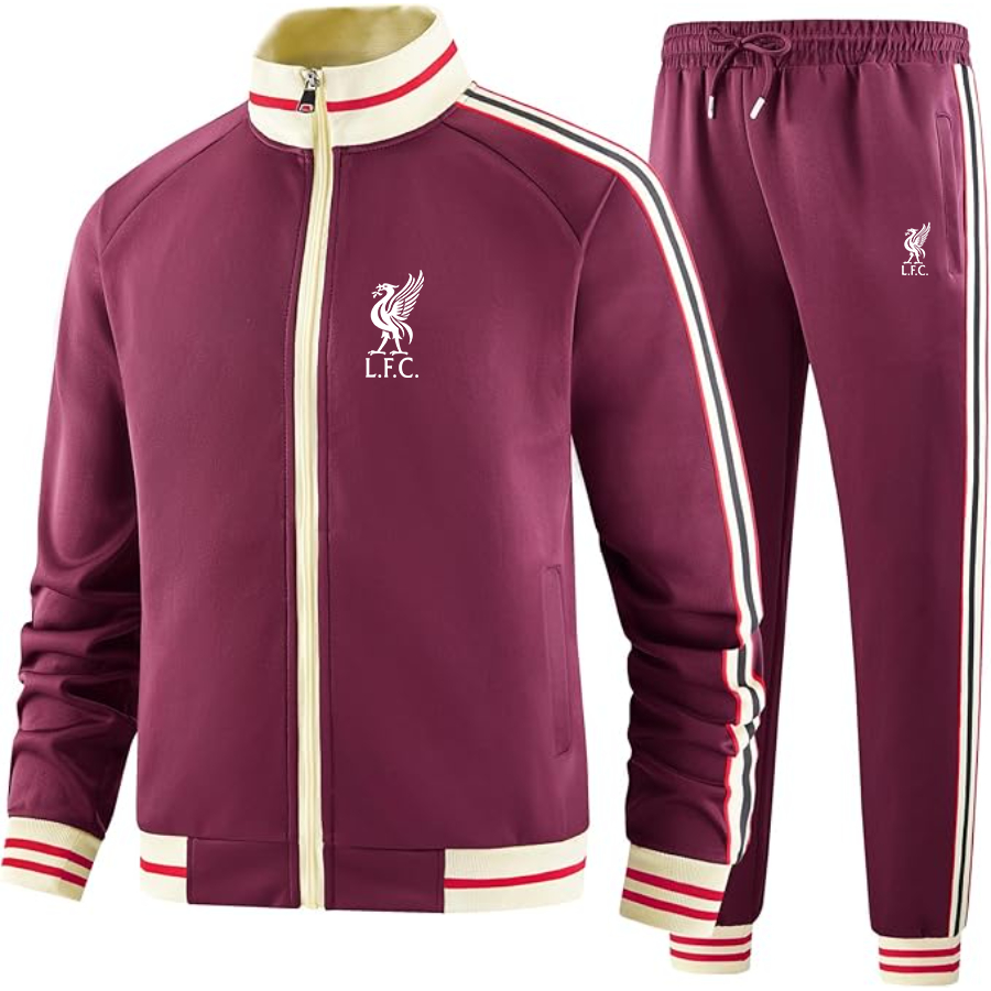 Men's  Liverpool L.F.C Soccer  - Premium Two-Piece Designer Tracksuit with Bold Striped Accents and Zippered Front - Elevated Athletic Wear