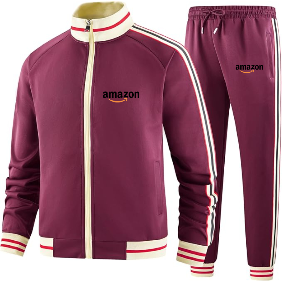 Men's Amazon Logo  Tracksuit with Bold Striped Accents and Zippered Front Athletic Wear