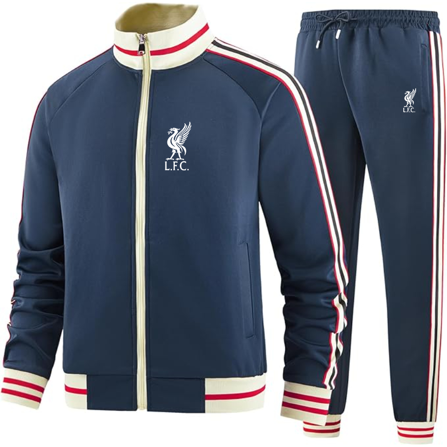Men's  Liverpool L.F.C Soccer  - Premium Two-Piece Designer Tracksuit with Bold Striped Accents and Zippered Front - Elevated Athletic Wear