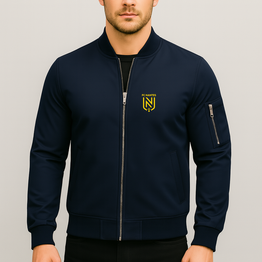 Men's FC Nantes Soccer Logo Lightweight Bomber Jacket Windbreaker Softshell Varsity Jacket Coat