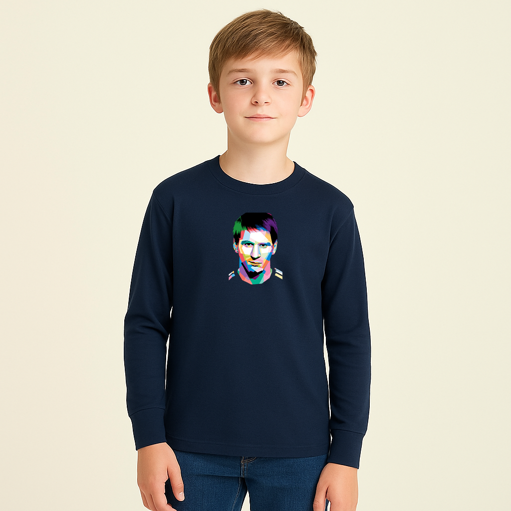 Youth Kids Lionel Messi Face Art Sports Long Sleeve T-Shirt