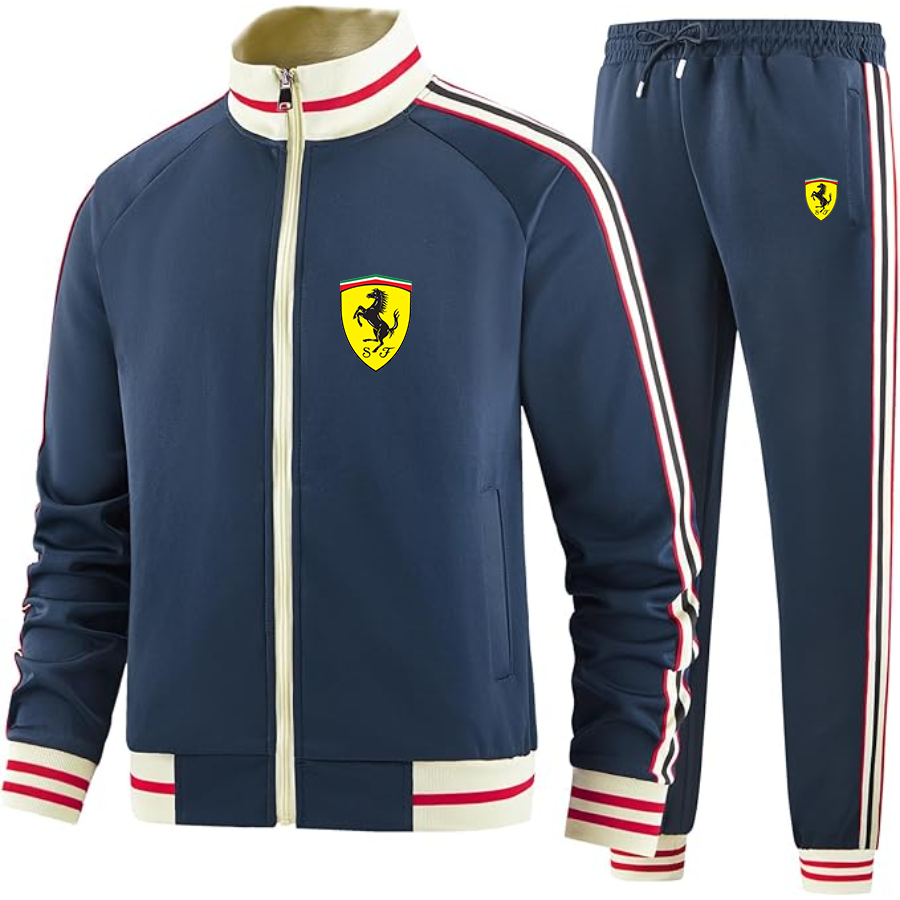 Men's  Ferrari Motorsport Car - Premium Two-Piece Designer Tracksuit with Bold Striped Accents and Zippered Front - Elevated Athletic Wear