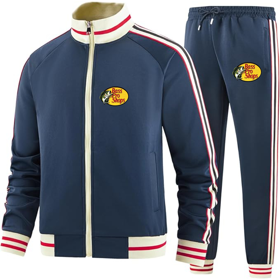 Men's Bass Pro Shops Logo Tracksuit with Bold Striped Accents and Zippered Front Athletic Wear