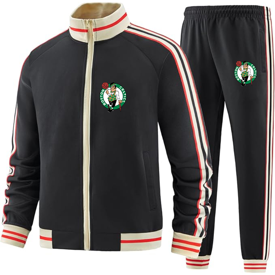 Men's Boston Celtics Logo Tracksuit with Bold Striped Accents and Zippered Front Athletic Wear