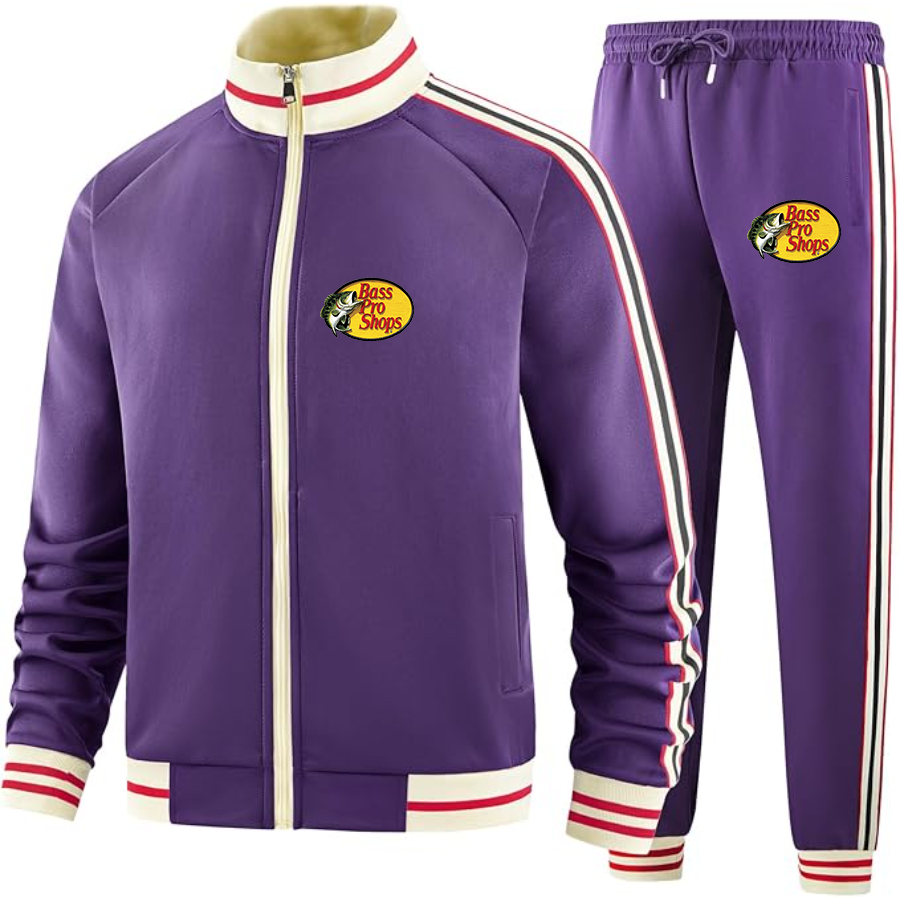 Men's Bass Pro Shops Logo Tracksuit with Bold Striped Accents and Zippered Front Athletic Wear