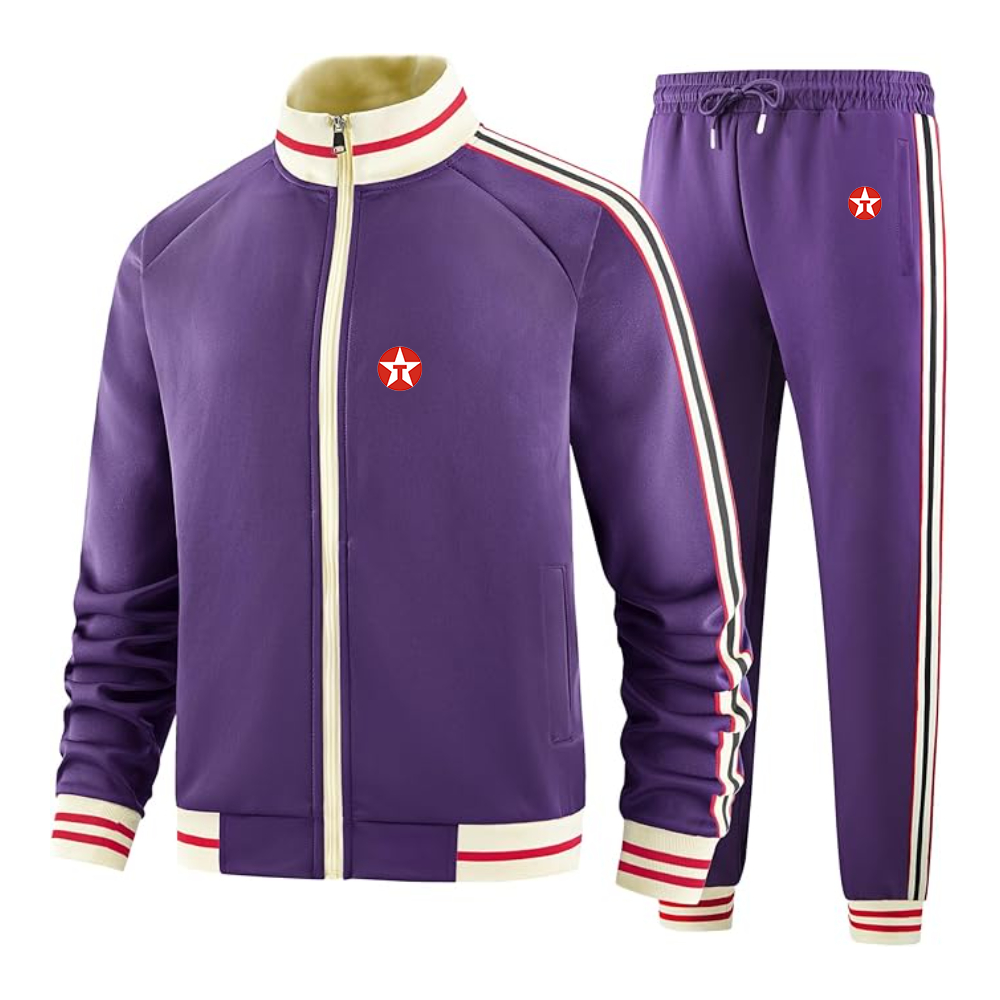 Men's Texaco Logo  Tracksuit with Bold Striped Accents and Zippered Front Athletic Wear