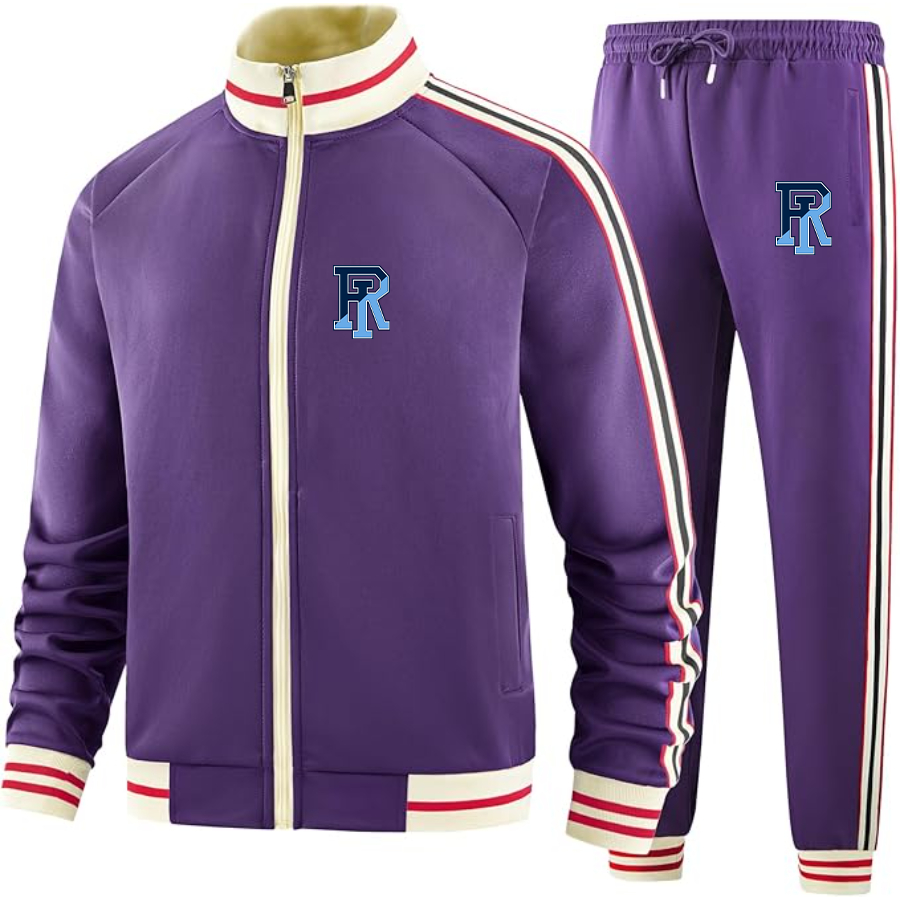 Men's Rhode Island Rams Logo Tracksuit with Bold Striped Accents and Zippered Front Athletic Wear