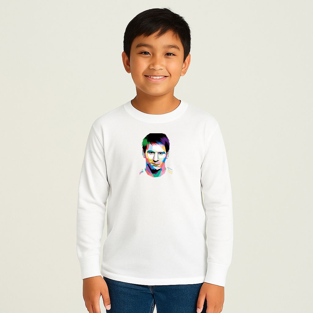Youth Kids Lionel Messi Face Art Sports Long Sleeve T-Shirt